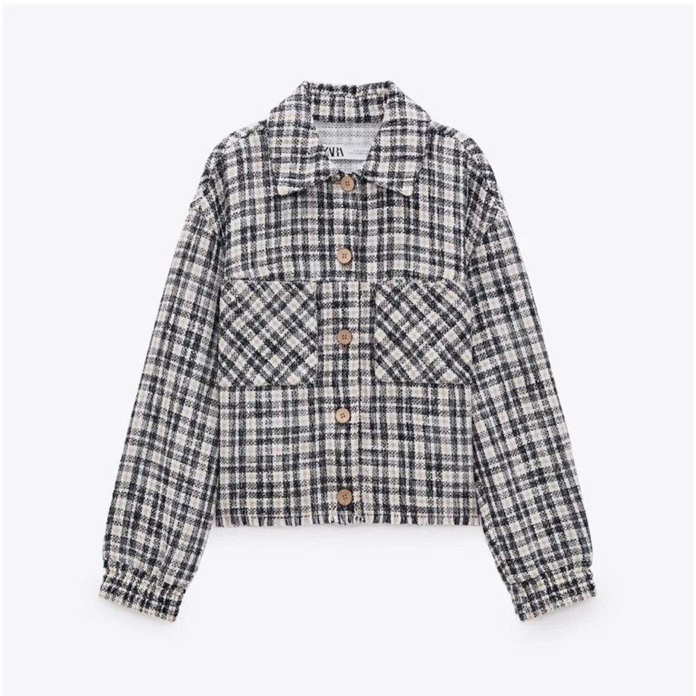 ZARA Textured Cropped Plaid Tweed Shacket with Chest Pockets Size XS